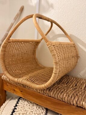 Vintage rattan Wicker Magazine Holder carry all basket decor French style